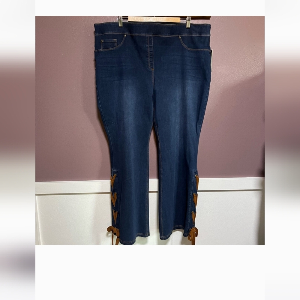 Investments Dark Blue Jeans with Tan Lace-Up Sides,stretchy, Smoke Free Home.